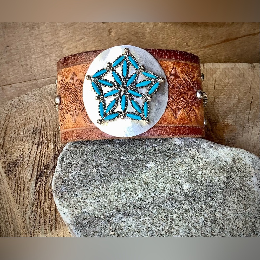 Turquoise Starburst Leather Cuff , up to 7 1/4” wrist